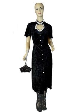 All that Jazz Black Velvet Button-Front Dress with Cream Lace Trim